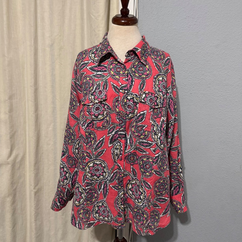 Charter Club Woman Coral Floral Paisley Print 100% Linen Button‎ Down Shirt 18W